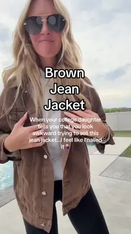 But for real…it’s a super cute jacket!#jeanjacket#brownjacket #fallfashion #momoutfit #momtok 