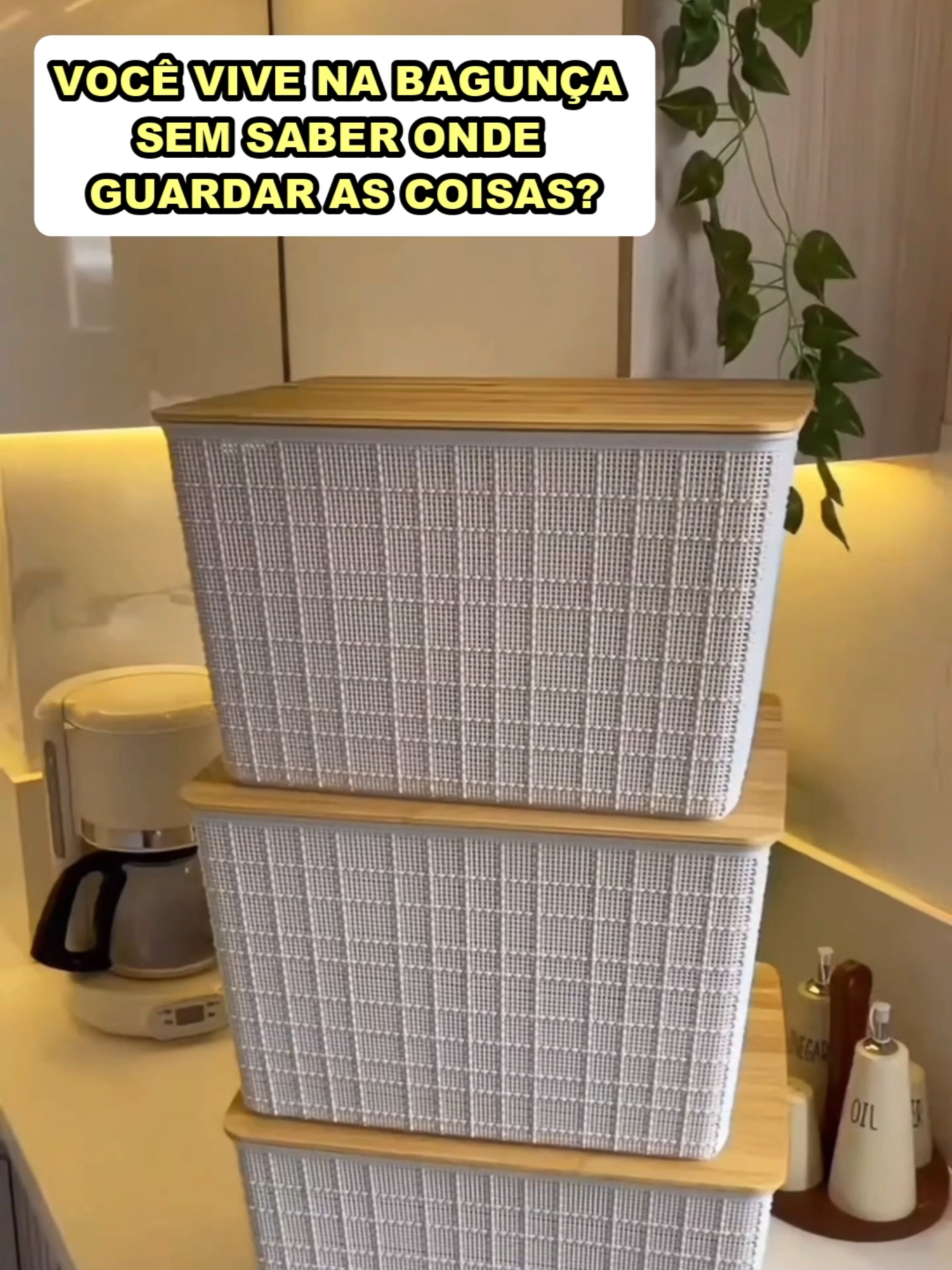 Kit Caixas Organizadoras 4 Litros Branca Cinza Com Tampa De Bambu Oikos Cesto Multiuso Para Cozinha Quarto Banheiro #CaixaOrganizadora #Organização #CasaArrumada #Decoração