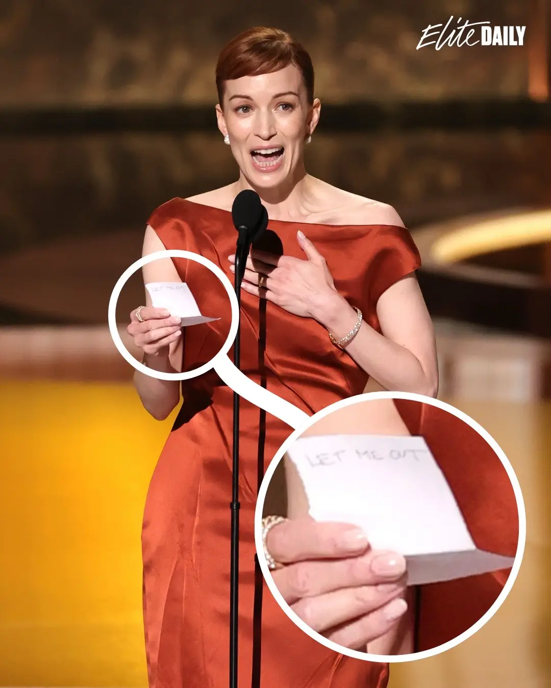 While accepting her Emmy for Outstanding Lead Actress in a Drama Series, Lower dropped a subtle Easter egg referencing an iconic moment from 'Severance.' Photo: Getty / #Severance #BrittLower