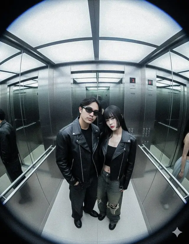 Foto bergaya cinematic di dalam lift, diambil dengan kamera ultra wide lens , kami berdua berdiri di tengah lift dengan ekspresi wajah cool tapi tetap romantis, dengan saya mengenakan outfit kasual modern warna gelap dan memakai kacamata hitam simple tapi terlihat mewah, sedangkan perempuan yang disebelah saya tetap mengenakan outfit seperti referensi foto yang saya berikan, kami berdua fokus menatap kamera ultra wide, Interior lift terlihat luas karena distorsi lensa ultra wide, dengan pantulan kaca di sisi kanan dan kiri. Cahaya lampu putih menciptakan suasana elegan dan dramatis dan ada flash kamera instan. izin hehe @Chelsea Van Meijr @notriissaaa @ayaaptrrr ☺😜 #geminiai #prompt #chelseavanmeijr #trendai #aitrend 