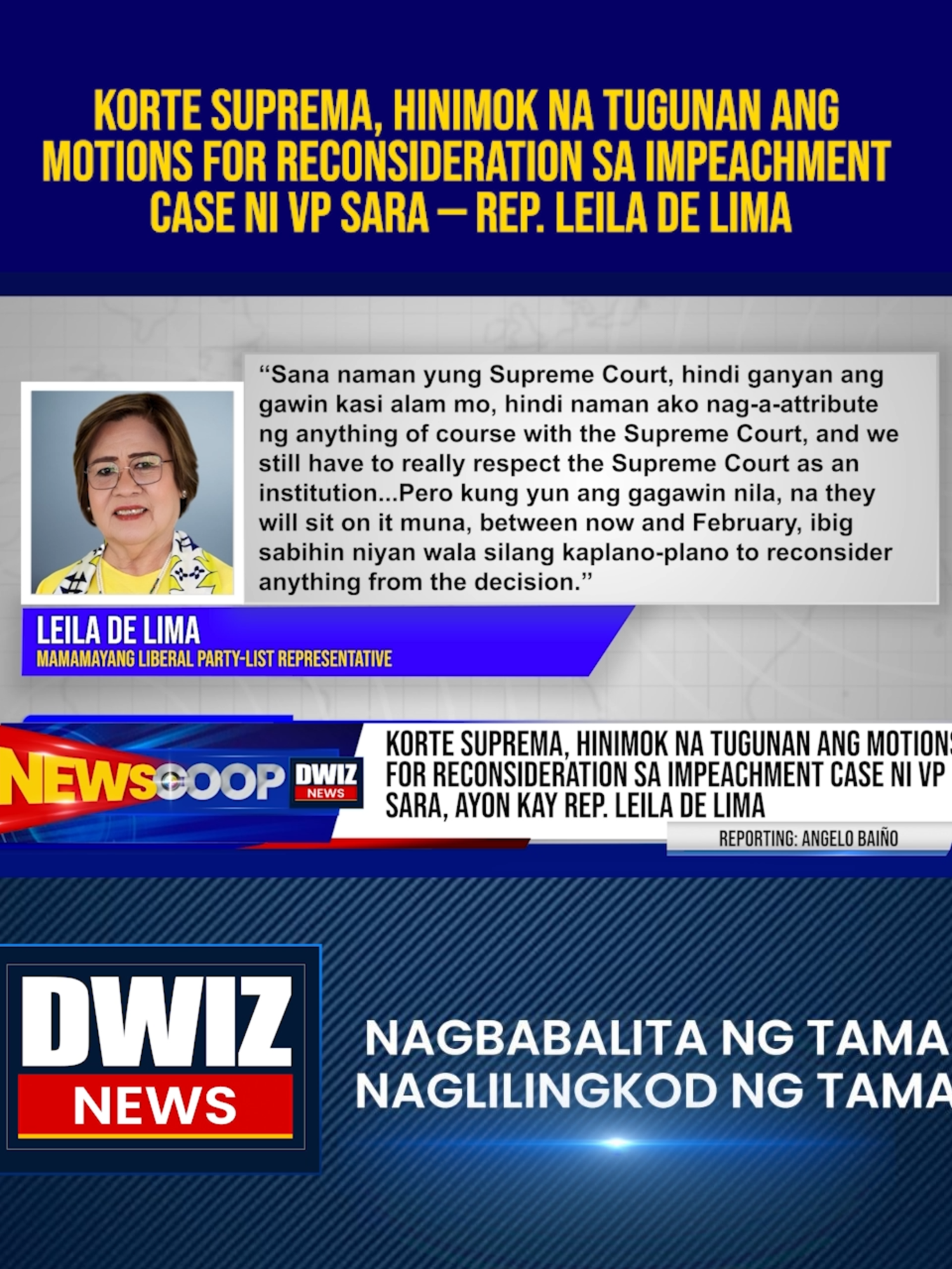 Korte Suprema, hinimok na tugunan ang motions for reconsideration sa impeachment case ni VP Sara — Rep. Leila de Lima | #NEWSCOOP  YouTube: www.youtube.com/@DWIZ882Live #dwiz #dwiznews #aliw23 #news #balita