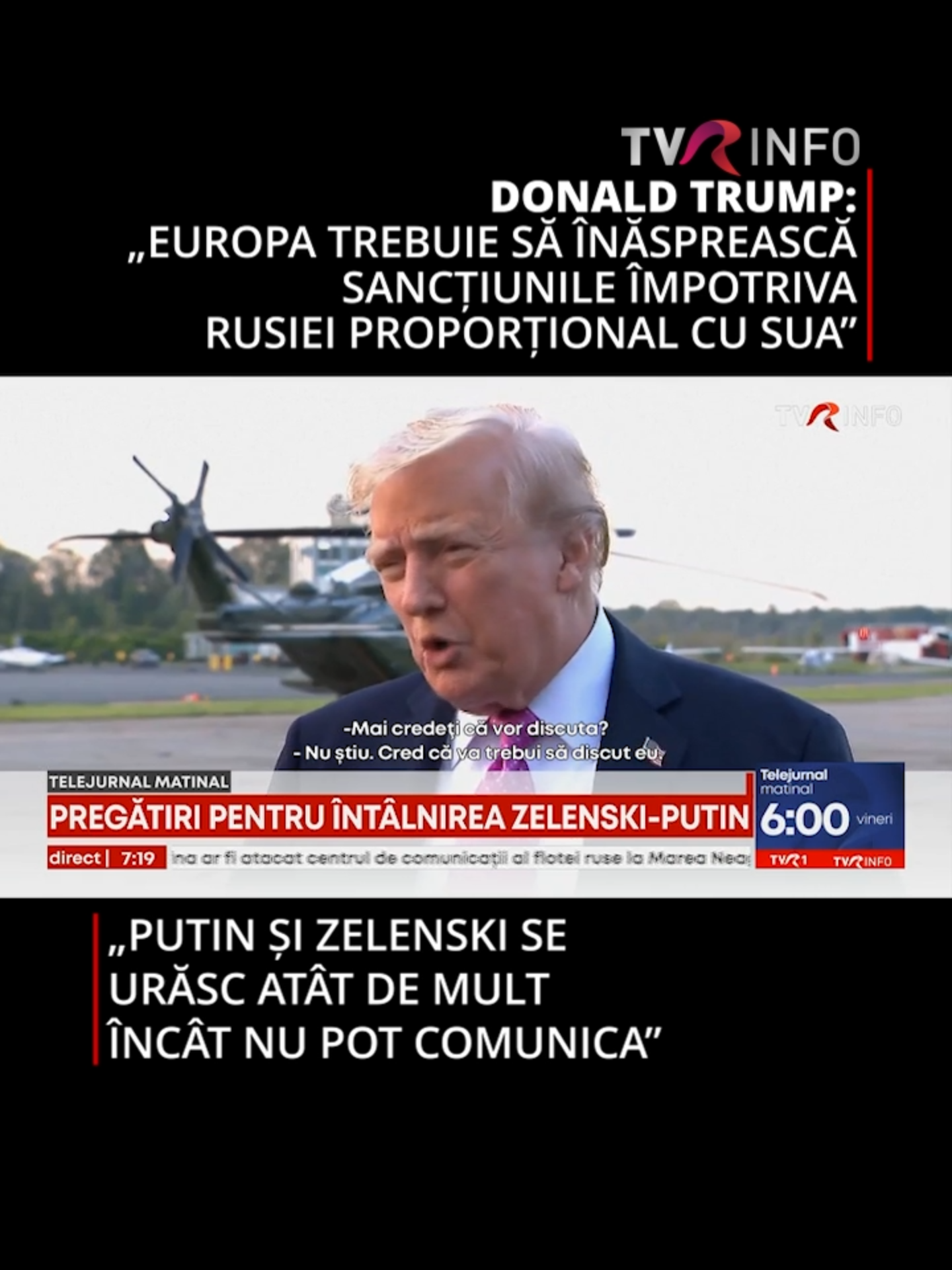 Președintele SUA, Donald Trump, a declarat că este dispus să impună sancțiuni Rusiei, însă a subliniat că Europa trebuie să acționeze „într-un mod proporțional” cu Statele Unite #news #tvrinfo #fyp #viralromania #foryoupage❤️❤️ #SUA #Rusia #Ucraina #Europa #DonaldTrump #VladimirPutin #Putin #VolodimirZelenski #zelensky