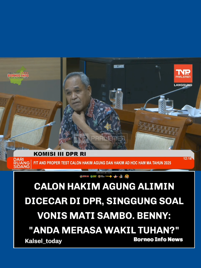 *Benny Cecar Calon Hakim Agung Eks Hakim Tinggi Kalsel: “Anda Merasa Wakil Tuhan?”* Banjarmasin, borneoinfonews.com - Anggota Komisi III DPR, Benny Kabur Harman, mencecar salah satu calon hakim agung, Alimin Ribut Sujono, dalam uji kelayakan dan kepatutan (fit and proper test) di Kompleks Parlemen, Kamis (11/9/2025). Alimin, yang saat ini menjabat sebagai Hakim Tinggi pada Pengadilan Tinggi Banjarmasin, sebelumnya pernah bertugas di Pengadilan Negeri Jakarta Selatan selama tiga tahun. Dalam periode itu, ia sempat menjatuhkan vonis mati terhadap terdakwa kasus pembunuhan berencana, Ferdy Sambo, pada Februari 2023. “Anda yang menangani Sambo?” tanya Benny. “Dan yang menjatuhkan hukuman mati?” lanjutnya. “Iya benar, kami bertiga,” jawab Alimin. Benny kemudian menyinggung soal alasan Alimin menjatuhkan vonis mati. Ia mempertanyakan apakah keyakinan Alimin tersebut karena merasa sebagai wakil Tuhan yang berhak mencabut nyawa seseorang. “Pertanyaan saya simpel saja, Pak Alimin tadi wakil Tuhan di dunia. Bagaimana Pak Alimin ketika bertemu dengan Tuhannya, merasa benar menjatuhkan ini? Seperti apa prosesnya?” cecar politisi Partai Demokrat itu. Alimin mengakui sudah dua kali memutus hukuman mati. Selain kasus Ferdy Sambo, ia juga pernah menjatuhkan hukuman serupa dalam perkara narkotika. Meski begitu, ia mengaku setiap keputusan sudah melalui perenungan panjang. “Ini dari perspektif yang berbeda. Ada saat-saatnya orang dihukum mati. Karena saya berpikir bahwa orang tersebut akan tahu kapan akan mati, dan ketika dia tahu, maka dia akan memperbaiki diri,” jelas Alimin. Saat ditanya apakah tetap berpendirian menjatuhkan hukuman mati, Alimin enggan menyinggung lebih jauh soal kasus Ferdy Sambo. Namun, ia menegaskan bahwa untuk perkara sejenis, dirinya tidak keberatan menjatuhkan vonis mati. Alimin juga menegaskan, apabila terpilih menjadi hakim agung, ia tak mungkin lagi menangani perkara Sambo karena terbentur kode etik. “Hakim tidak boleh menangani perkara yang di tingkat bawahnya pernah ditangani. Itu kode etiknya,” pungkasnya. Source: TV Parlemen  #pemburu_balu #dpr #dprri #hakim #hakimagung #sambo #kalsel #kalimantanselatan 