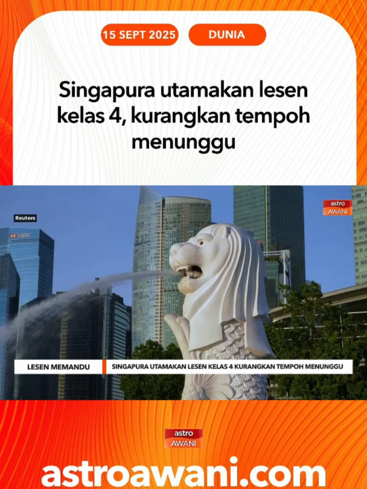Singapura melaksanakan langkah baharu bagi mengurangkan tempoh menunggu lesen memandu Kelas 4. Warganegara, pemastautin tetap dan pemandu sepenuh masa kini diberi keutamaan susulan senarai menunggu hampir 3,900 orang. #AWANInews