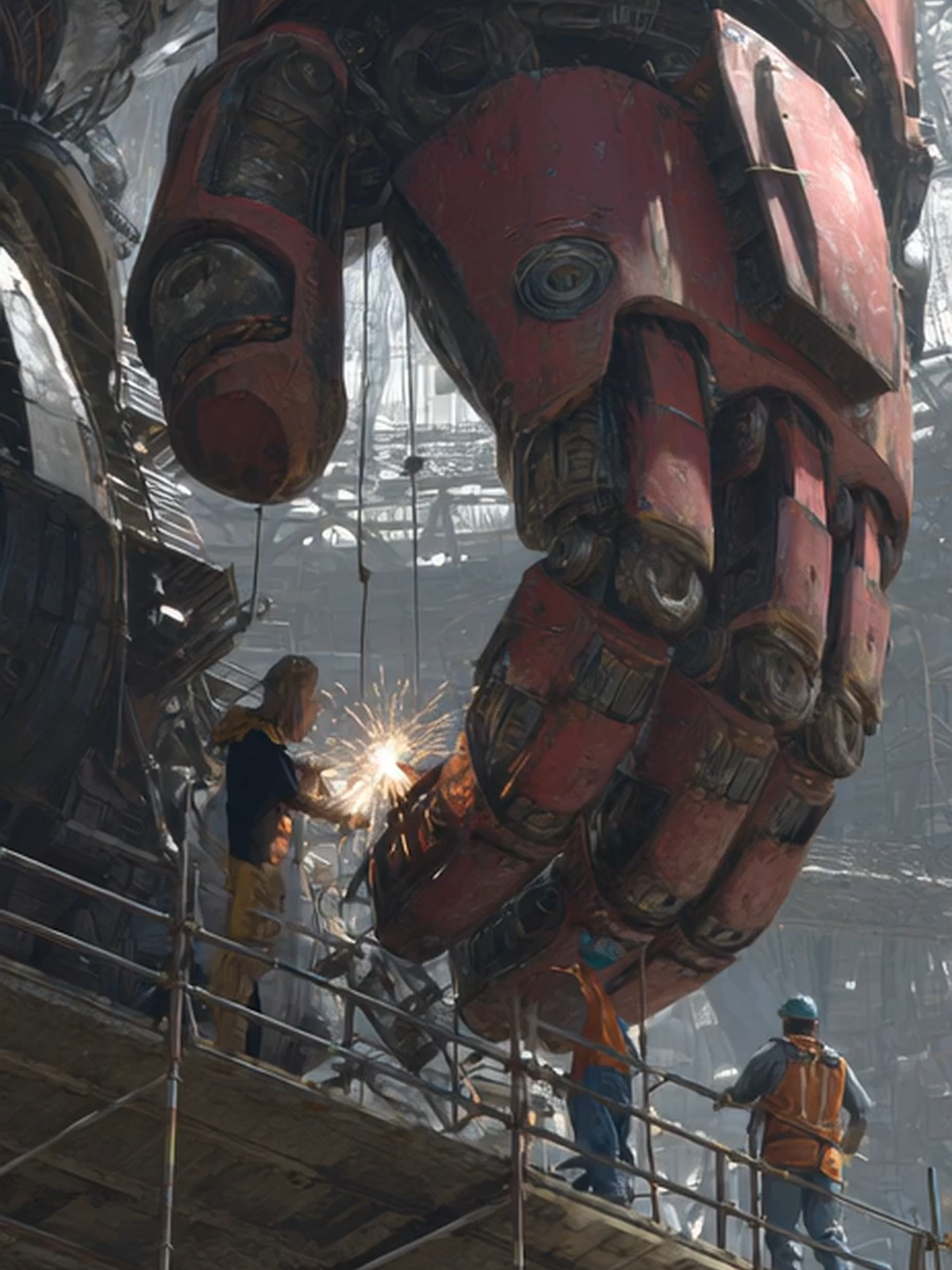 close-up view of workers repairing the joint of a mech#EverydayFutures #solarpunkfarmer #postcyberpunk #hopepunk #UrbanUtopia #solarpunk #FuturismWithHeart #scififuture #retrofuturism #futuristic #scifiart #midjourney #dune #futuristicvehicles #visualstorytelling #robotneighbors #cyberpunk #mech #gundamtiktok #gundam