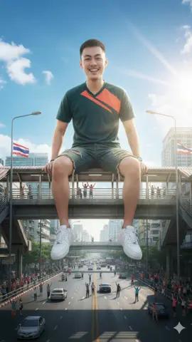 สอนสร้างภาพ คนยักษ์นั่งชิลๆบนสะพานลอย ด้วย ai             แจก Prompt Gemini ครับ ขั้นตอนการทำภาพ >>> . 1. เปิด Gemini 2. แนบภาพต้นฉบับ (หน้าเรา) 3. เขียน Prompt 👇🏻  อย่าลืม กด ใจ แขร์ และกดติดตาม หรือให้ของขวัญเพื่อเป็นกำลังใจและได้ propmt ใหม่ๆทุกวัน  สร้างภาพ : ภาพต้นแบบ , สมจริงขั้นสุด, สไตล์ภาพยนตร์, แสดงถึงยักษ์ใหญ่, สวมเสื้อยืดและกางเกงยีนขาสั้นขาดๆพร้อมรองเท้าไนกี้สีขาว กำลังนั่งยิ้ม,นั่งอยู่บนสะพานลอยในกรุงเทพ มีผู้คนและรถ สัญจรไปมา รอบๆ ฉากนี้อยู่ในเมืองกรุงเทพ มีธงชาติไทย มีคนและรถตัวเล็กๆ จำนวนมากยืนอยู่รอบตัวเขา มองขึ้นไปด้วยความสุขและความอยากรู้อยากเห็น พร้อมกับยกแขนขึ้นเพื่อเฉลิมฉลอง ท้องฟ้าเป็นสีฟ้าสดใสมีเมฆกระจัดกระจาย และดวงอาทิตย์ส่องแสงเจิดจ้าอยู่ทางด้านขวาของภาพ แสงมีความสมจริงสูง สร้างแนวคิดแฟนตาซียักษ์ใหญ่ในอัตราส่วนภาพ 16:9 ภาพมีความคมชัด       #เทรนด์วันนี้้ #เปิดการมองเห็น #สร้างภาพจากai #ai #น้ําหอมแจนยัวร์ 