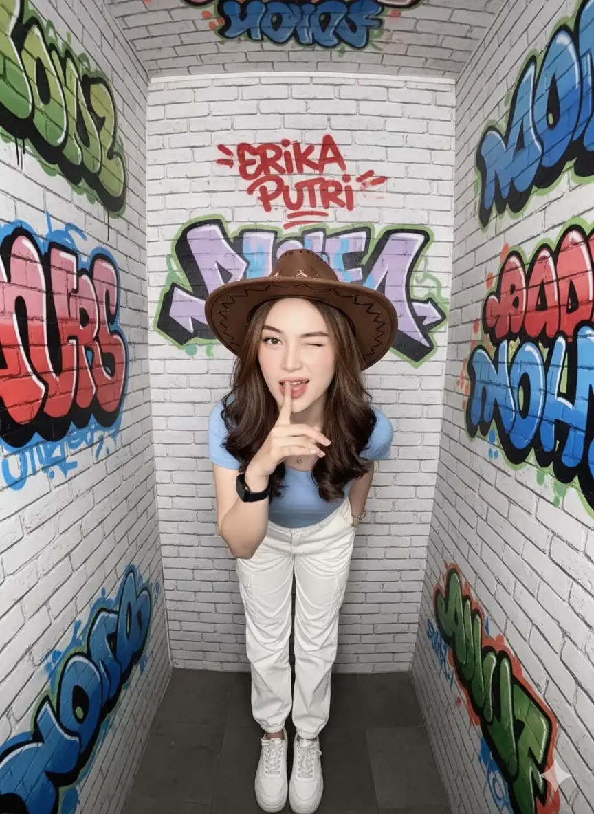 Cara yang simple! 1.Download Google Gemini melalui Playstore/Appstore 2.Upload foto kalian 3.Masukkan prompt dibawah ini 👇 Jadikan foto tersebut sebagai objek utama. Potret vertikal rasio 9:16, ultra-realistic dengan efek kamera ponsel jadul resolusi rendah. Seorang wanita muda Indonesia berusia 22 tahun dengan kulit putih mulus, memakai makeup natural flawless dengan sentuhan pink lembut di pipi dan bibir, rambut panjang tergerai. Ia mengenakan OOTD kekinian berupa atasan biru muda, celana cargo putih, sneakers putih tebal, serta aksesori topi koboy. Pose penuh ekspresi Gen Z: satu jari menutup mulut, dan mata kedip sebelah. Ekspresi wajah natural, mata fokus ke kamera dengan vibe percaya diri dan ceria. Latar belakang berupa ruangan foto box dengan full motif 3D grafiti street art penuh warna dengan tulisan abstrak ala graffiti punk 