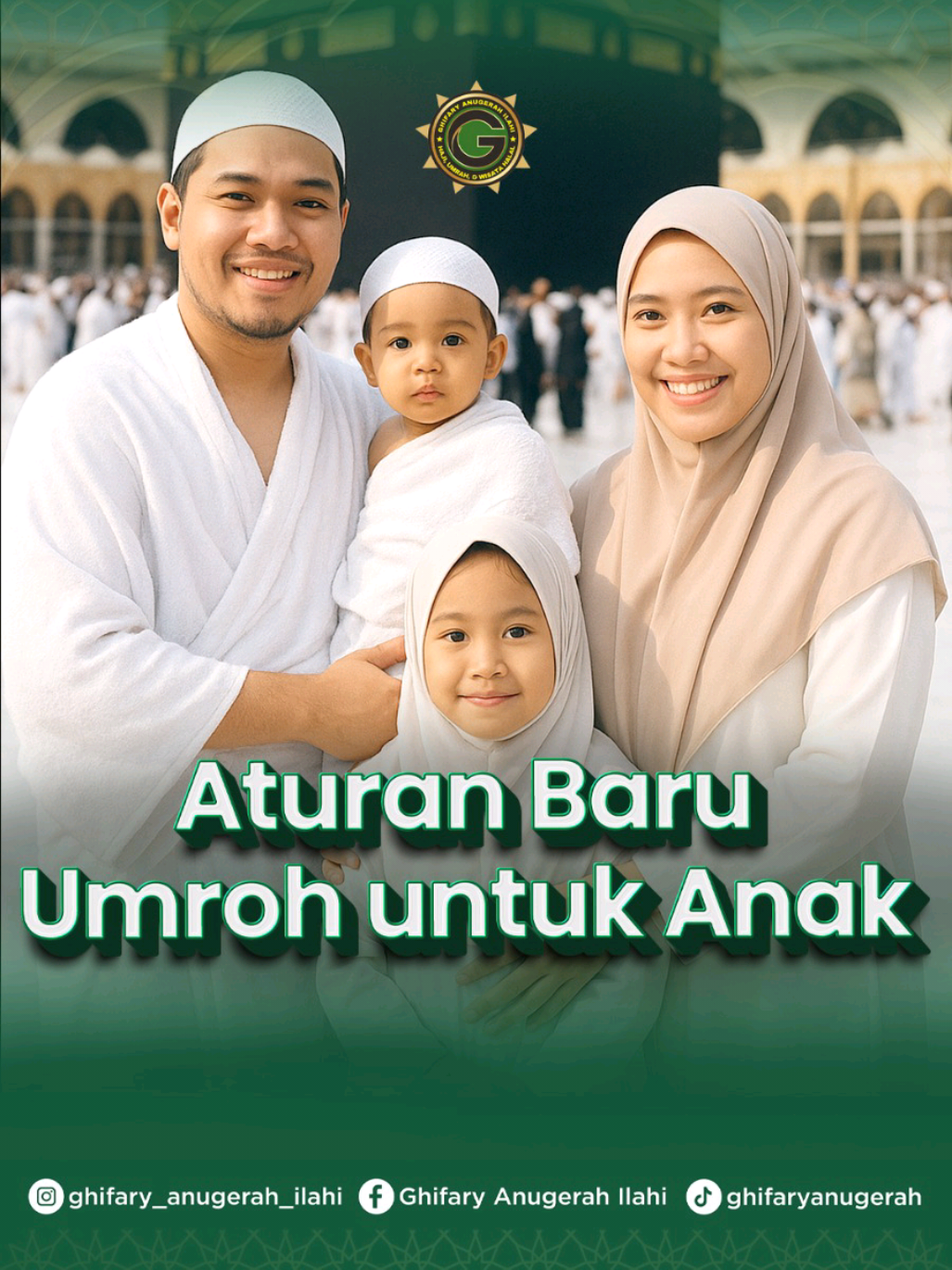 📢 Fakta Perubahan Peraturan Umroh untuk Anak 📢 Tahukah Anda? ✨ Kini ada aturan baru yang wajib diperhatikan jamaah Umroh bersama anak: 1️⃣ Pendaftaran harus melalui aplikasi resmi Nusuk – semua data, termasuk anak dan bayi, wajib tercatat untuk akomodasi & visa. 2️⃣ Anak tidak boleh lagi sharing bed dengan orang tua. Artinya, setiap anak wajib punya tempat tidur sendiri saat perjalanan Umroh. Aturan ini dibuat agar kenyamanan & keamanan jamaah—terutama keluarga dengan anak—lebih terjamin. 🕋💫 Bersama Ghifary Anugerah Ilahi, perjalanan Umroh Anda dan keluarga akan ditangani dengan profesional, sesuai aturan terbaru. 🌙 📌 Keberangkatan spesial: Bulan November & Desember 👉 Segera hubungi Admin sekarang juga, karena kuota terbatas!