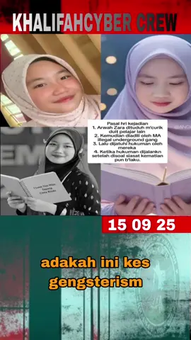#tolakbuli #keadilanharusditegakkan #justiceforzara #khalifahcybercrew  kredit #copas  Pasal hari kejadian : 1. Arwah Zara dituduh m'curi duit pelajar lain 2. Kemudian diadili oleh MA illegal underground gang 3. Lalu dijatuhi hukuman oleh mereka 4. Ketika hukuman dijalankn setelah disoal siasat kematian pun b'laku. So adakah ini kes gengsterism. adakah Pengetua, warden dan beberapa org guru mungkin terlibat atau sebahagian drpd MA t'sbt. So ini kerja siapa..adakah telus siasatan