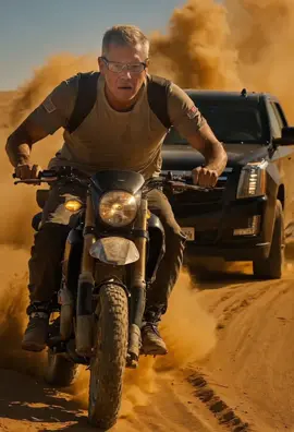 A motorbike rider is being chased by a car in a sand dunes landscape. #motorbikerider #sanddunes  #vinceong6444 #aigenerated #fypage 