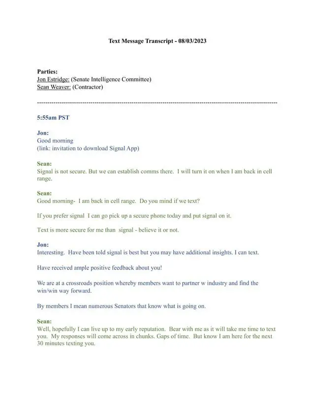 Leaked texts between fmr. Senate Intel Committee Staffer Jon Estridge and a Contractor, 