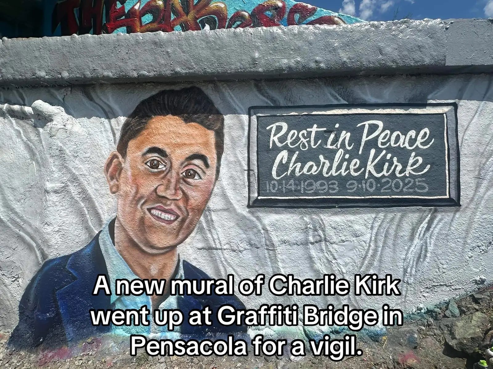 Before, after, and now- the Charlie Kirk mural at Graffiti Bridge in Pensacola. The bridge is constantly being repainted, and murals here are never permanent, as people continually express themselves through art. #Pensacola #GraffitiBridge #charliekirk #art 