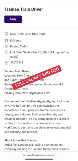 🚆 Trainee Train Driver – New Cross Gate 💼 Permanent | Full-Time 💰 £39,463 starting salary 📈 Up to £80,000 once fully qualified! 🎟️ Free London Underground & Overground Travel 📅 Applications close: 29th September 2025 👀 Ready for a career on the right track? ✔️ Full training provided ✔️ Long-term career growth ✔️ Excellent benefits 📍 Apply now and start your journey as a Train Driver! #TrainDriver #LondonJobs #Careers #TraineeDriver #HighSalary 