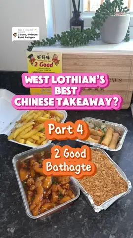 Replying to @Lesley ❯❯❯❯𓊍🌱 PART 4 of my mission to find West Lothian’s BEST Chinese takeaway🏆 I tried 2 Good in Bathgate. I got: - shredded chicken chilli sauce  - salt and chilli spring rolls  - salt and chilli chips - egg fried rice  The total cost of this is £17.90 and prawn crackers are included. I found this meal to have a great spice kick! Particularly the shredded chicken in chilli sauce which I was so pleased about. The dish itself had lots of sauce which was a bonus! No thick noodles here so rice it was! The salt and chilli spring rolls were so fresh and flavourful! However, the salt and chilli chips really lacked flavour.  On the whole, a decent Chinese takeaway and would probably order a delivery from here since I stay close. It did not make into my top 3 so far though My rankings are: 1. Mrs Chan’s - Whitburn 2. Panda - Dedridge  3. Peking Inn - Deans 4. 2 Good - Bathgate Part 5 coming soon🤌🏻  #westlothian #westlothianfood #chinesetakeaway #supportlocal #supportyourlocal 