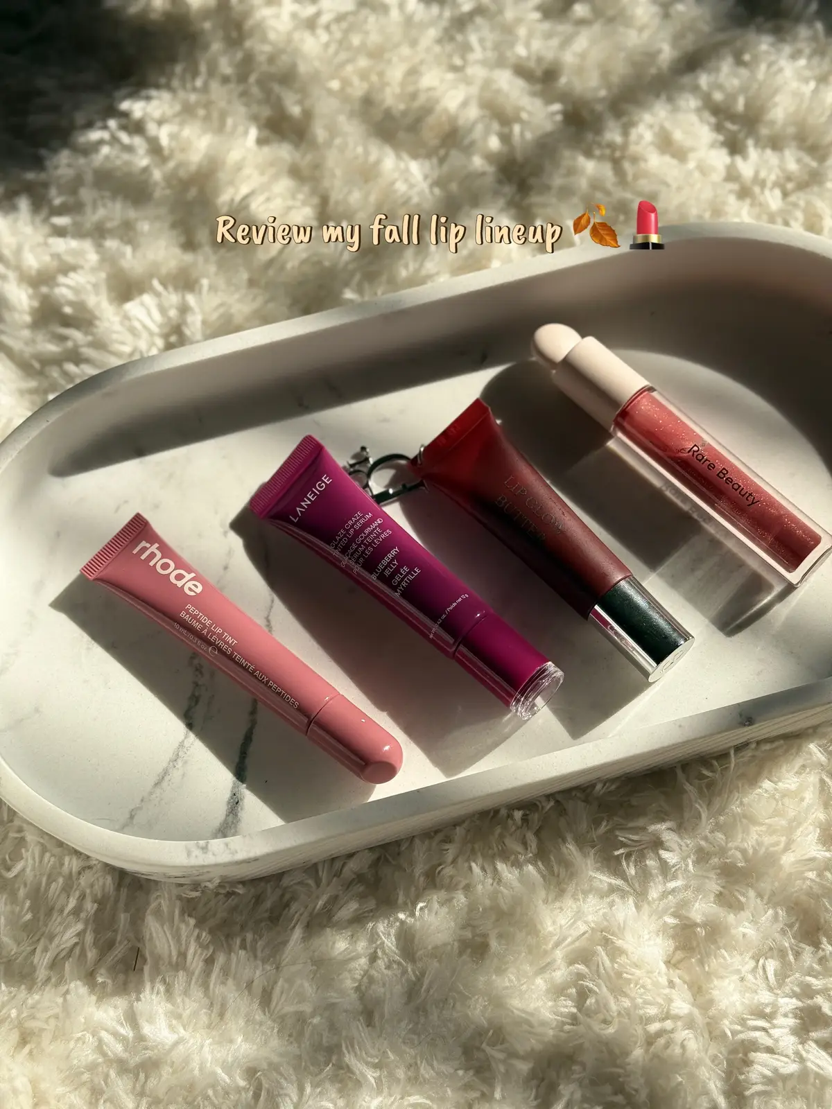 Which one are you grabbing this season? 👄 From juicy berry to bold Dior red, these are my go-to fall lips ✨🍁 #falllipstick #momglam @rhode skin @Diorbeauty @laneige_us @Rare Beauty 