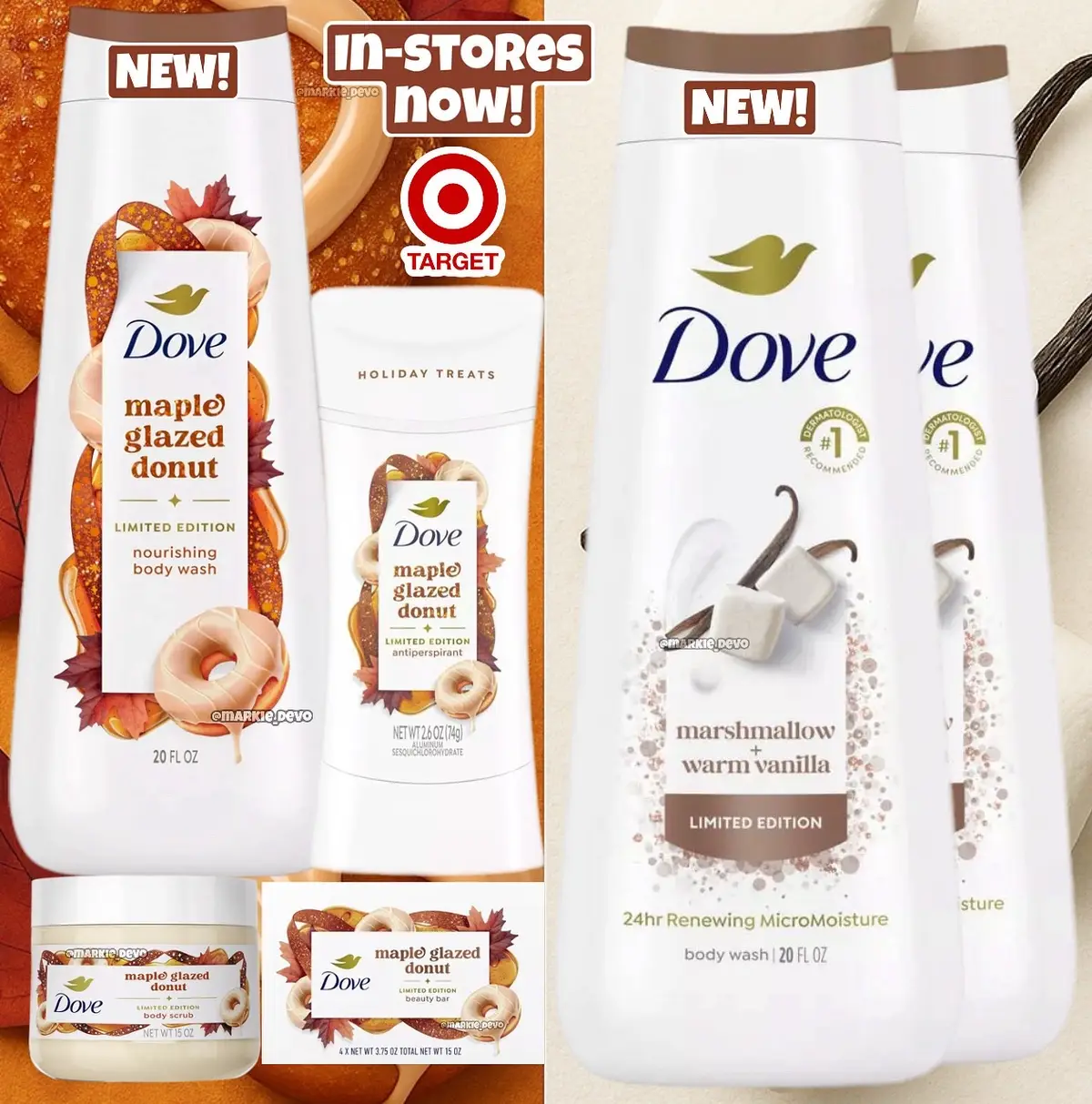 There’s nothing like maple glazed donut smelling bootie.🤣 New Dove Maple Glazed Donut(body wash, deodorant, body scrub and soap bar) and Marshmallow + Warm Vanilla Body Wash.    🛒The Maple Glazed Donut has only been spotted at Target, the Marshmallow at Target, HEB and Walmart. (News/Image::Dove, Target) Will you pick these up👇🏻 #dove #food #foodtiktok #Foodie #snacks 