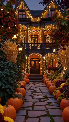 🍂✨ Step into autumn magic — pumpkins, fairy lights, and a glowing Victorian mansion straight out of a dream. #pumpkinseason #fall #fallvibes #falldecor #homedecor 