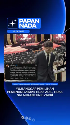 Pelantun lagu Old Love, Yuji mempersoalkan pemilihan pemenang bagi kategori Lagu Paling Tinggi Distrim AIM24 yang berlangsung meriah pada 13 September 2025. Menurut Yuji, Old Love mencatatkan 360 juta strim di Spotify dan 158 juta tontonan di You Tube namun trofi kategori itu dianugerahkan kepada lagu Masing Masing, Ernie Zakri ft. Ade Govinda. #fyp #oldlove #aim24 #anugerahindustrimuzik #papannada 