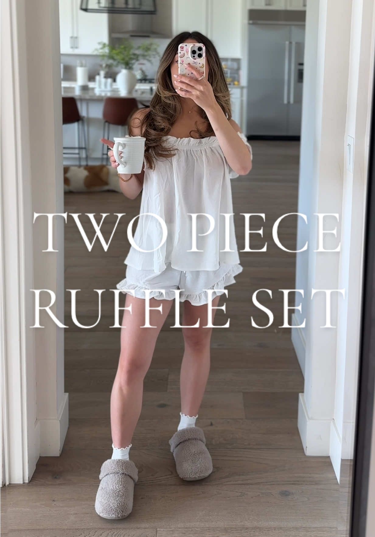 The cutest girly ruffle two piece set. The ruffle shorts are so good paired with oversized sweaters ☕️ #tiktokshopcreatorpicks #ruffles #shorts #pajamas #OOTD 