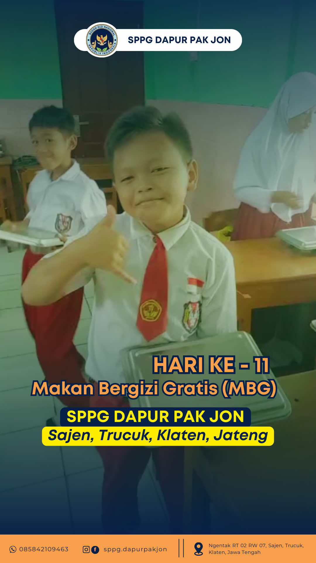 Senangnya anak-anak hari ini! 😍✨ Hari ke-11 program Makan Bergizi Gratis (MBG) di SPPG Dapur Pak Jon – Sajen, Trucuk, Klaten, Jateng berjalan penuh semangat 🎉 Senyum ceria mereka adalah bukti bahwa makanan bergizi bukan hanya mengenyangkan perut, tapi juga menguatkan tubuh dan menumbuhkan semangat belajar 💪🍲📚 Mari terus dukung langkah kecil ini untuk mencetak generasi sehat, cerdas, dan berprestasi 🌟 Bersama, kita wujudkan masa depan yang lebih baik melalui gizi seimbang dan kepedulian 🙌❤️ #MakanBergiziGratis #SPPGDapurPakJon #GenerasiSehatCerdas #KlatenSehat #AnakIndonesiaHebat 