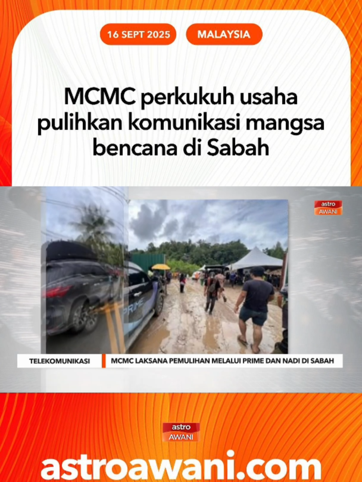 Suruhanjaya Komunikasi dan Multimedia Malaysia (MCMC) memperkukuh usaha bagi memastikan mangsa bencana di Sabah kekal terhubung melalui penyediaan kemudahan Sistem Komunikasi Radio dan Internet Bersepadu Bergerak (PRIME) dan perkhidmatan internet komuniti Pusat Sebaran Maklumat Nasional (NADI). #AWANInews