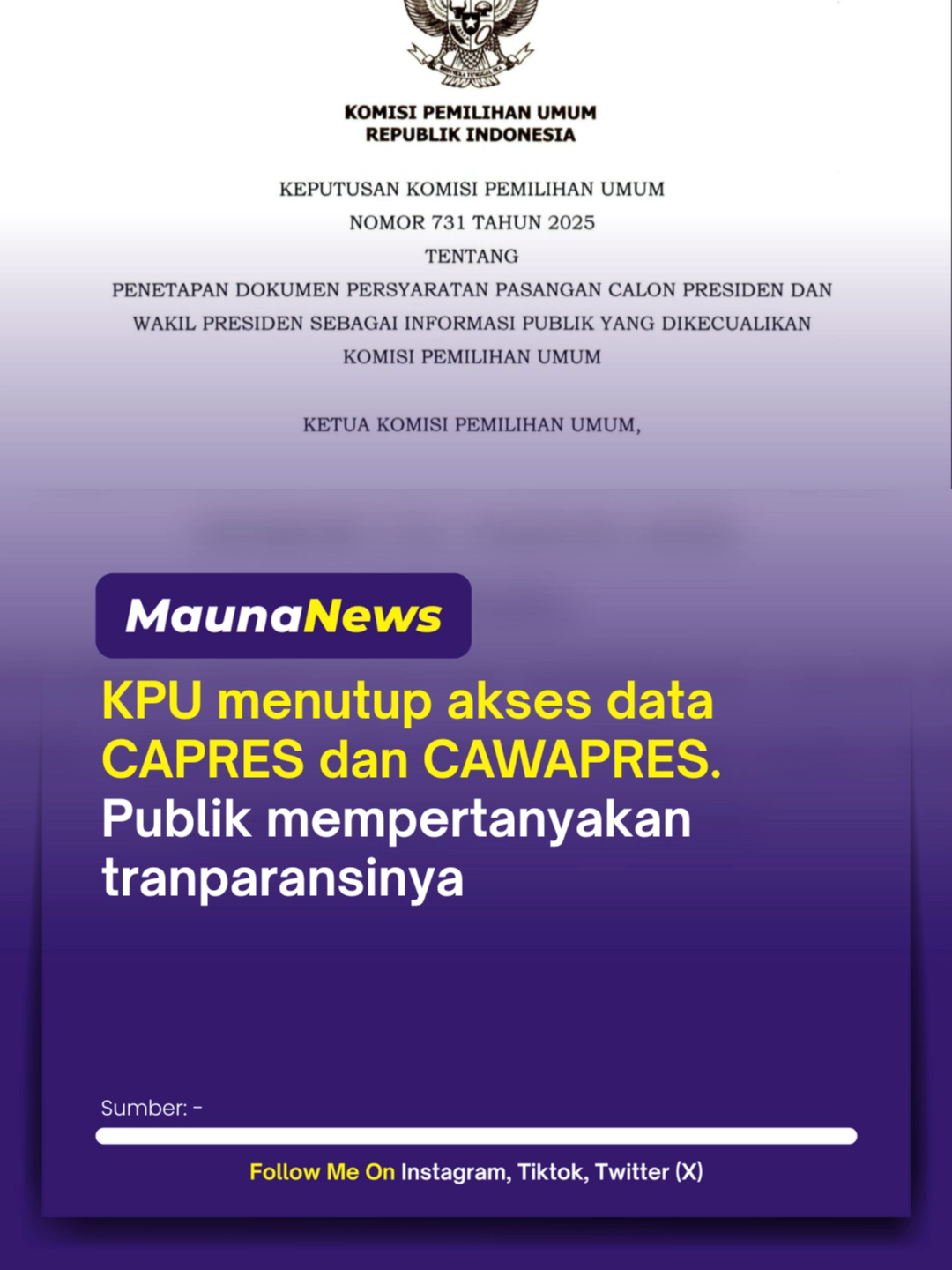 KPU menetapkan aturan baru yang membuat 16 dokumen syarat capres-cawapres tidak lagi otomatis bisa diakses publik. Dokumen itu mencakup ijazah, KTP, akta kelahiran, SKCK, hingga laporan harta kekayaan ke KPK. Aturan ini tertuang dalam PKPU Nomor 731 Tahun 2025. Menurut KPU, langkah tersebut sesuai dengan UU Keterbukaan Informasi Publik, di mana informasi pribadi tertentu boleh dikecualikan untuk alasan privasi. Namun, keputusan ini memicu kritik dari berbagai pihak. DPR hingga pengamat politik menilai dokumen seperti ijazah dan laporan harta kekayaan justru penting untuk diketahui publik demi menjaga transparansi pemilu. #mauna #maunanews #viral #trending #berita #fakta #info #beritaterkini #faktaterkini #infoterkini #fyp #fypシ #fyppppppppppppppppppppppp