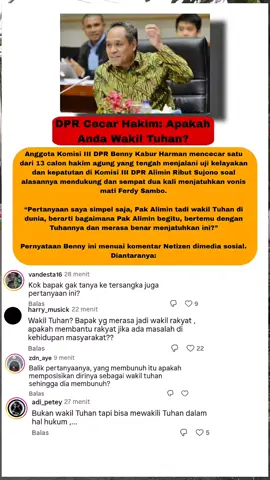 Anggota Komisi III DPR, Benny Kabur Harman, mencecar calon hakim agung Alimin Ribut Sujono dalam uji kelayakan terkait keputusannya menjatuhkan vonis mati. Alimin, yang kini Hakim Tinggi di PT Banjarmasin, sebelumnya menjadi hakim di PN Jakarta Selatan dan salah satunya menjatuhkan hukuman mati kepada Ferdy Sambo pada 13 Februari 2023. Benny mempertanyakan alasan Alimin mendukung hukuman mati dan apakah ia merasa berhak mencabut nyawa seseorang sebagai “wakil Tuhan”. Alimin mengaku sudah dua kali menjatuhkan vonis mati, termasuk pada kasus narkotika. Ia menilai hukuman mati dapat memberi kesempatan terpidana untuk menyadari kesalahannya. Namun, Alimin menegaskan tidak bisa lagi menangani kasus Sambo jika terpilih menjadi hakim agung karena kode etik melarang hakim mengadili perkara yang pernah ditangani di tingkat sebelumnya. #news #dpr #fyp #fyi #viral 