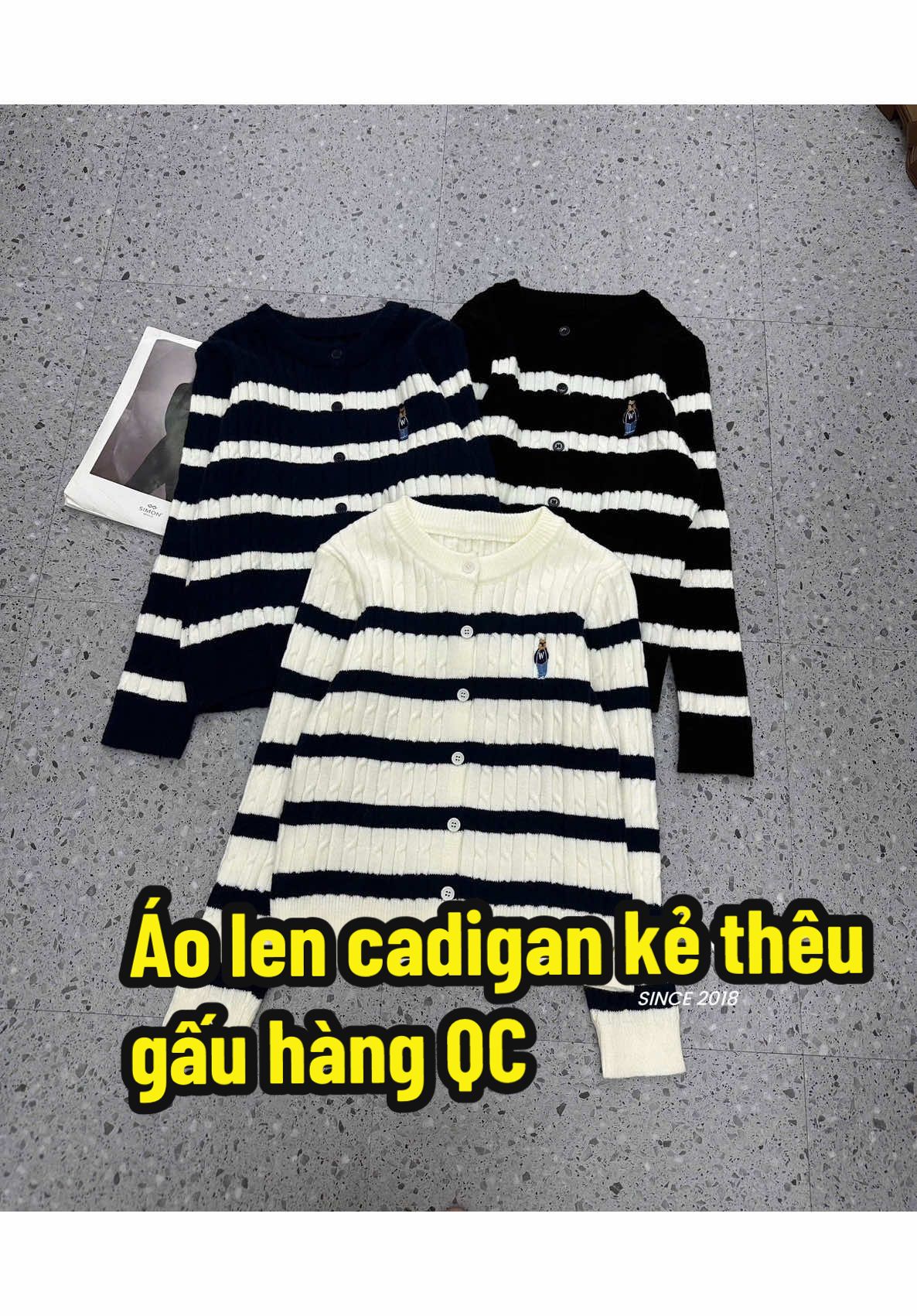 Áo Len Cadigan Kẻ Thêu Gấu Hàng QC #macxinhmoingayy #cadigan #aolenxinh 