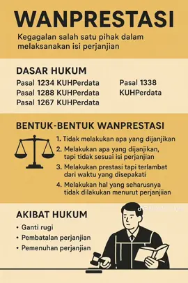 Dasar Hukum Wanprestasi diatur dalam beberapa pasal dalam Kitab Undang-Undang Hukum Perdata (KUHPerdata): Pasal 1234 KUHPerdata: Prestasi dapat berupa memberikan sesuatu, berbuat sesuatu, atau tidak berbuat sesuatu. Pasal 1238 KUHPerdata: Debitur dianggap lalai jika tidak memenuhi kewajiban setelah diperingatkan secara resmi. Pasal 1267 KUHPerdata: Kreditur berhak menuntut ganti rugi, pembatalan perjanjian, atau pemenuhan perjanjian. Pasal 1338 KUHPerdata: Perjanjian yang sah berlaku sebagai undang-undang bagi para pihak dan harus dilaksanakan dengan itikad baik. #buruhbersatutakbisadikalahkan #buruhbergerak #serikatburuh 