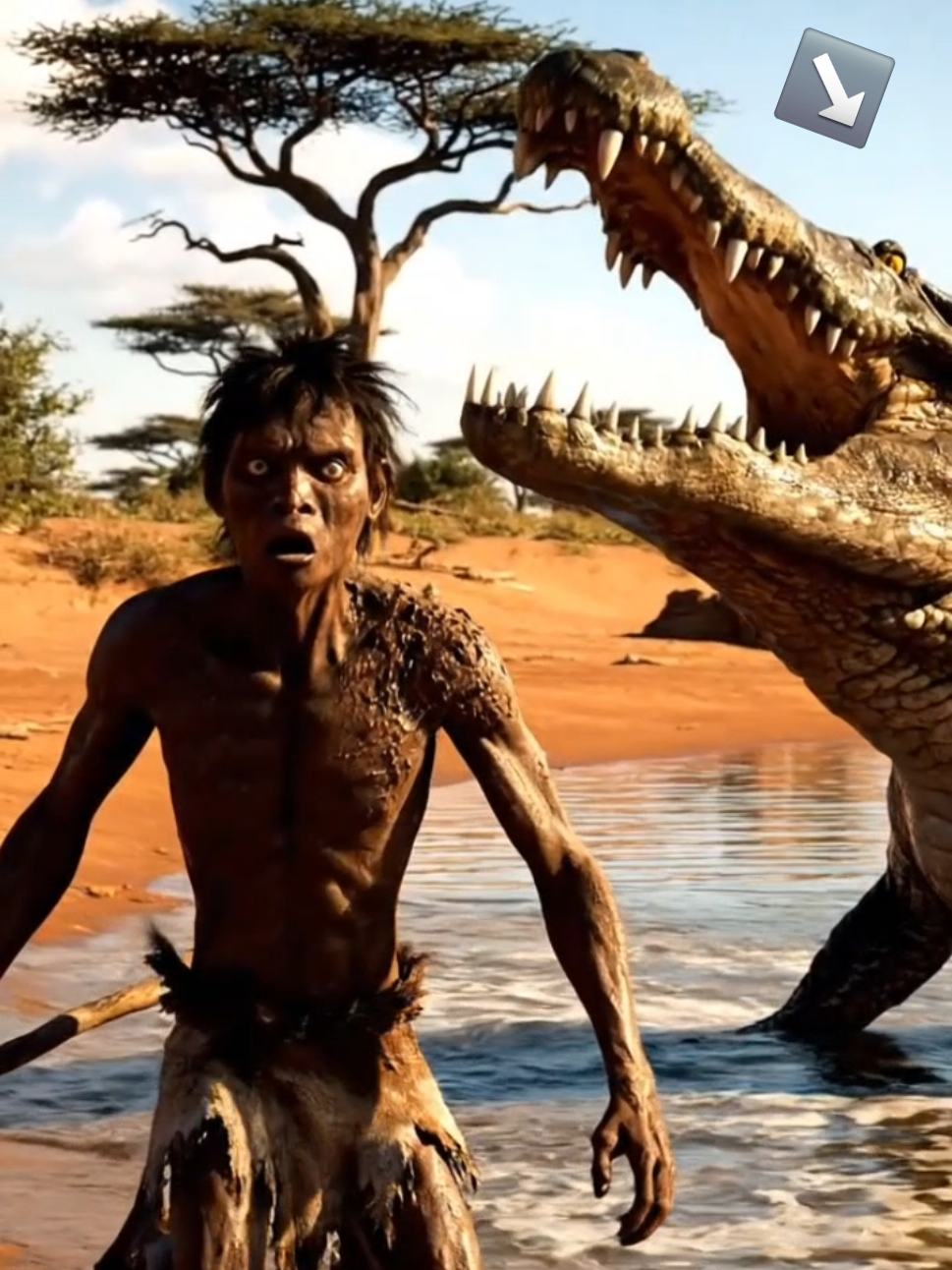 prehistoric man vs crocodile ambush #fyp #prehistoric #survival #crocodile #epicbattle