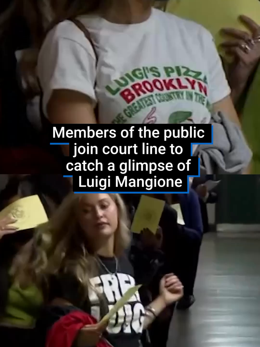 About two dozen members of the public - mostly young women - were seen waiting in the public line ahead of Luigi Magione's court hearing today. One was seen wearing a black t-shirt with the words 'Free Luigi' written in white letters. A judge dismissed two criminal counts against Luigi Mangione in a New York courtroom today in relation to the 2024 murder of United Healthcare’s CEO. Today’s decision means Mangione only faces a second-degree murder charge, rather than the stalking and firearms charges. #luigimangione #ceo #courtroom #healthcareceo