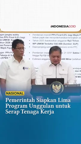 Presiden Prabowo Subianto menyiapkan lima program unggulan untuk mengakselerasi penyerapan jutaan tenaga kerja baru di berbagai sektor.  Terdapat lima program pemerintah yang disebut sebagai paket penyerapan tenaga kerja. Kelima program itu adalah Koperasi Desa/Kelurahan Merah Putih, perkebunan rakyat, Kampung Nelayan Merah Putih, revitalisasi tambak-tambak di pantai utara, dan modernisasi kapal nelayan.  Menteri Koordinator Bidang Perekonomian Airlangga Hartarto menyebut program ini diperkirakan dapat menyerap hingga lebih dari tiga juta pekerja.  #LimaProgramUnggulan #KoperasiDesa #KoperasiMerahPutih #TenagaKerja #Indonesiagoid #BeritaTerkini #InformasiPublik #BergerakBerdampak #SetahunBerdampak