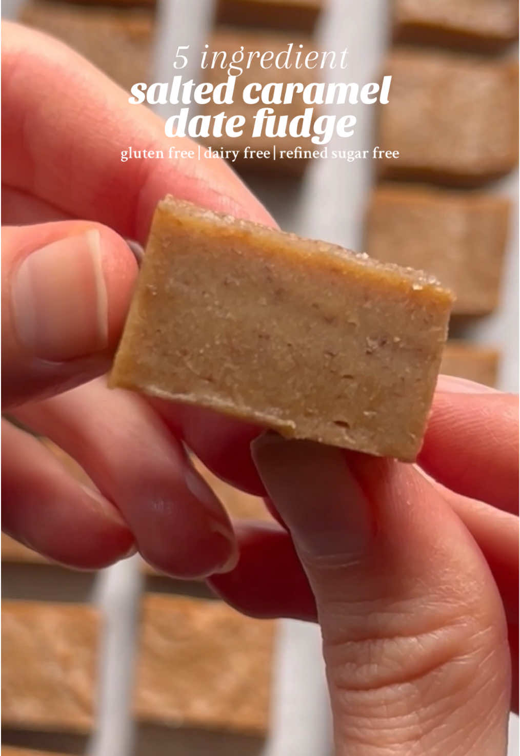 5-Ingredient Salted Caramel Date Fudge! Naturally gluten-free, dairy-free, paleo, and refined sugar-free—this rich, creamy fudge is so delicious, It went viral last year, so I had to bring it back! Ingredients: * 8 oz dried, pitted dates * 1/3 cup coconut oil * 1/2 cup almond or cashew butter (or your favorite nut/seed butter) * 2 tsp pure vanilla extract * 1/2 tsp pink Himalayan salt Other: * Boiling water (for soaking dates) * Flaky sea salt (optional, for topping) Instructions: 1. Soak the dates: Add dates to a bowl and cover with boiling water. Let soak for 5–10 minutes to soften. Meanwhile, melt the coconut oil. 2. Blend the fudge: Drain the dates and transfer to a food processor. Add the melted coconut oil, nut/seed butter, vanilla, and salt. Blend until smooth and creamy, scraping down the sides as needed. 3. Shape: Spread the mixture evenly into a parchment-lined loaf pan. Smooth the top and sprinkle with flaky sea salt, if using. 4. Freeze: Place in the freezer for at least 4–5 hours, or until fully set. 5. Serve: Once frozen, remove from the pan and slice into bite-sized squares. Enjoy, then store any leftovers in the freezer. #vegancaramel #datecaramel #veganfudge #refinedsugarfree #healthydessert       
