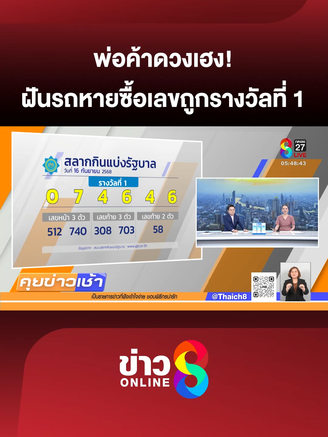 พ่อค้าไก่หมุน ฝันว่ารถมอเตอร์ไซค์หาย จึงนำเลขท้ายไปซื้อลอตเตอรี่ 2 ใบ ถูกรางวัลที่ 1 รับทรัพย์ 12 ล้านบาท (17 ก.ย. 68) #คุยข่าวเช้าช่อง8 #ตรวจลอตเตอรี่ #สลากกินแบ่งรัฐบาล #ข่าววันนี้  #ข่าวช่อง8 #ข่าวช่อง8ที่นี่ของจริง #ข่าวออนไลน์ช่อง8 #ข่าวtiktok
