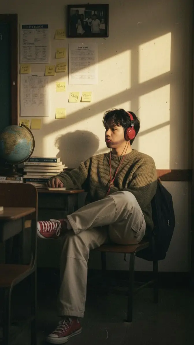 1. Download / buka apk google Gemini  2. Send foto 3. Masukan promt 4. A cinematic portrait with a somber feel features a young Asian man in a dimly lit, vintage classroom. The camera is shot from a distance, with a small section of the chair's back visible in front, as if the photographer was taking the portrait discreetly or in a quiet moment. Soft, golden-yellow lighting reflects from a small window or gap in the right wall, forming diagonal lines of light that fall directly on the man's face, creating a dramatic and emotional contrast. The man sits alone in a chair, his feet resting on the desk, with a relaxed and cool expression, as if lost in thought. He has messy, yet natural Korean-style comma-style hair. He wears an oversized army green sweater, cream-colored cargo pants, Converse sneakers, and red headphones. He has a bag hanging from the chair, but it blends harmoniously with the warm light surrounding him. Behind him is an off-white wall with sticky notes labeled 