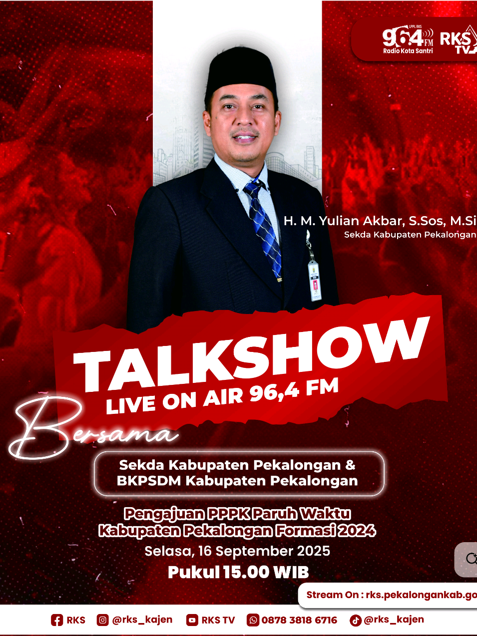 Talkshow Pengajuan PPPK Paruh Waktu Kabupaten Pekalongan Formasi 2024 Bersama Sekda Kabupaten Pekalongan & BKPSDM Kabupaten Pekalongan Selasa, 16 September 2025.
