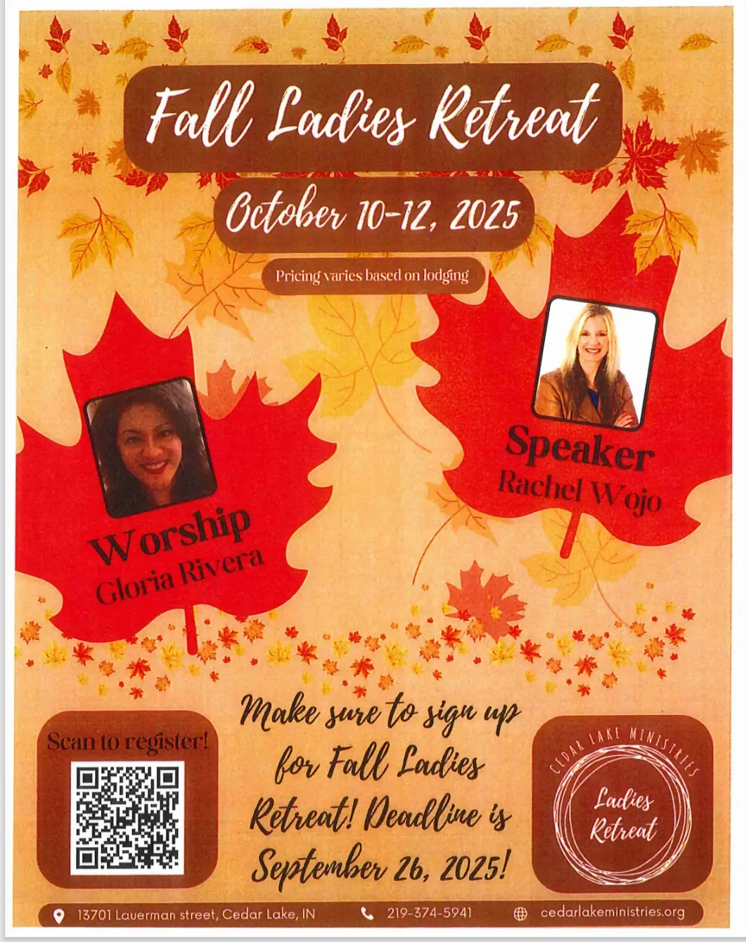 I'm incredibly excited to get to lead worship for the four services during the weekend of October 10th - 12th, for women from various churches who come stay for a beautiful weekend of fun, fellowship, worshiping our God! Scan the QR code on the flyer to register for a fantastic weekend at Cedar Lake Ministries!