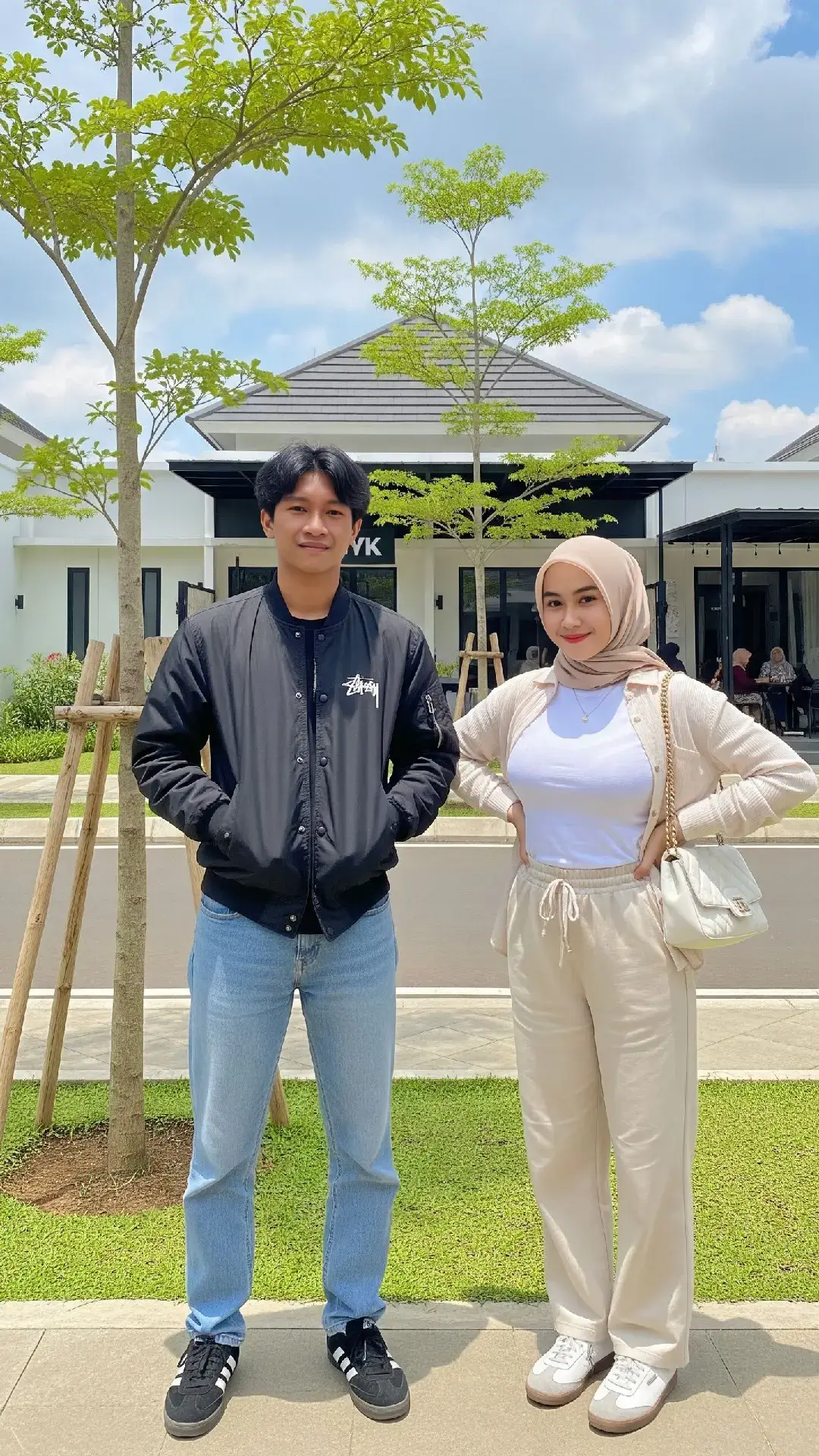 Prompt Gemini: Low-quality amateur photo. A young man and a young woman with glowing white skin and slender bodies are posing casually on the side of a modern residential street in a sunny afternoon. Young man: Standing casually on the grassy sidewalk near a small tree. Wearing a black Stussy bomber jacket with a white logo on the left chest, loose-fitting light blue jeans, and black Adidas shoes with yellow soles. Hands in jacket pockets, she looks at the camera with a calm and confident expression. Young woman: Wearing a light nude satin hijab, a tight white t-shirt with a cream long-sleeved outer shirt, cream trousers, and clean white sneakers, and a white chain shoulder bag. Standing next to the man in a relaxed pose, her hands clasped around the waistband of her pants, she smiles softly at the camera. Background: A park street with neat green grass, a small tree, a paved path, and a clean sidewalk. In the distance, several people are seated in an open-air dining area with a black roof. Lighting: Bright daylight, natural sunlight, blue sky with fluffy white clouds. Composition: Front-eye level, focusing on the couple with a half-down shot. Image style: Casual candid, warm, contemporary feel. ratio: 3:4. #OOTDIndonesia   #HijabStyle   #CoupleAesthetic   #StreetStyleID   #FotoAmatirVibes
