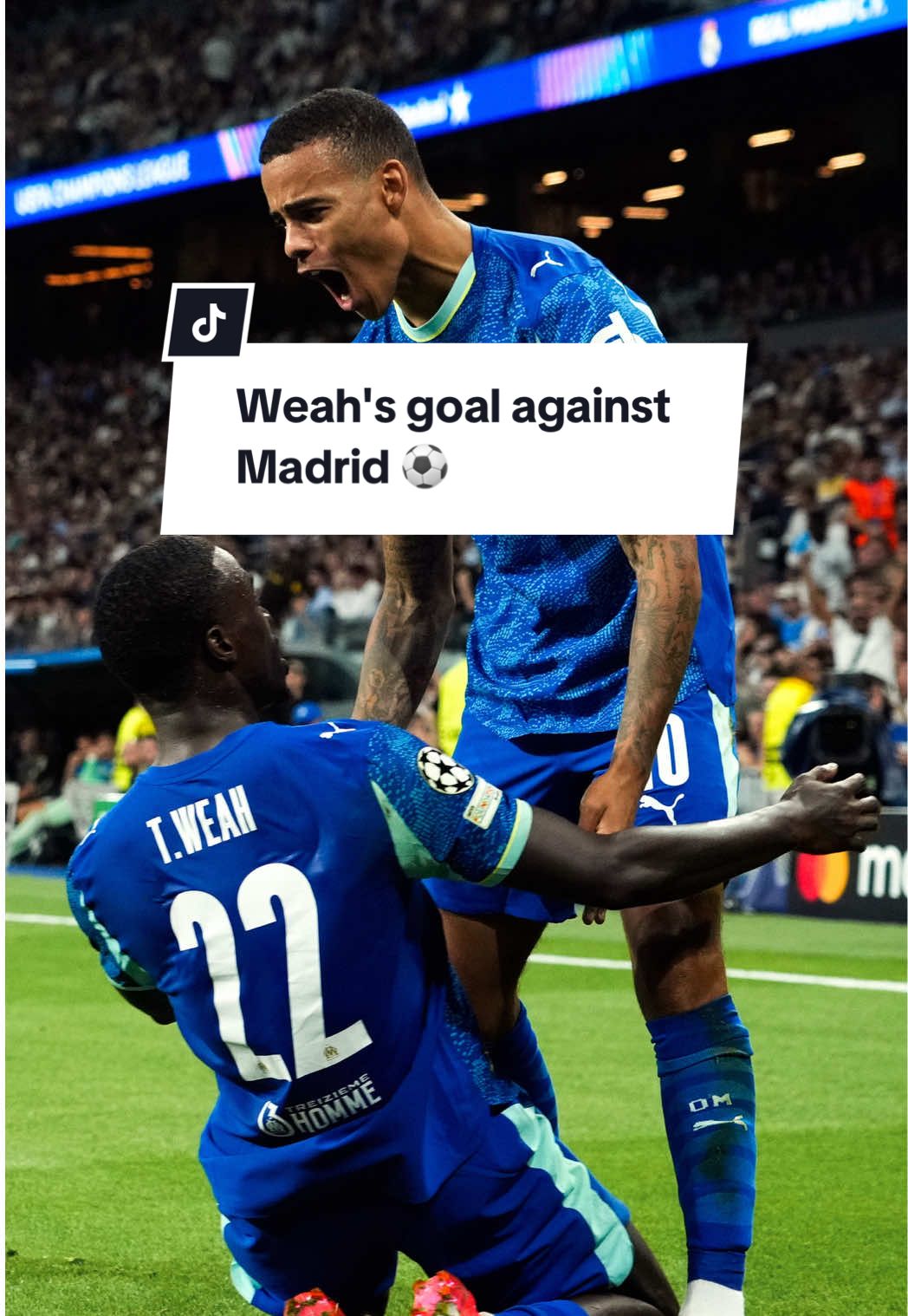 Weah feat. Greenwood teamwork to open the score in Santiago Bernabéu 🤷‍♂️💯 #sportiktok  #realmadrid #ChampionsLeague #RMAOM #marseille 