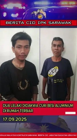 DUA LELAKI DIDAKWA CURI BESI ALUMINIUM DI RUMAH TERBIAR MIRI: 17 September 2025: Dua lelaki masing-masing berusia 25 dan 51 tahun dihadapkan ke Mahkamah Majistret Miri hari ini atas pertuduhan mencuri beberapa batang besi aluminium dari sebuah rumah terbiar di Vista Perdana minggu lalu. Mengikut pertuduhan, kedua-dua tertuduh bersama-sama pada 11 September 2025 kira-kira jam 4.18 petang, di sebuah rumah terbiar di Vista Perdana Miri telah mencuri harta iait 14 batang aluminium kira-kira 60 inci setiap satu, 10 batang aluminium kira-kira 24 inci setiap satu, dan 4 batang aluminium kira-kira 13 inci setiap satu. Pertuduhan dikemukakan di bawah seksyen 379 Kanun Keseksaan dibaca bersama seksyen 34 kanun yang sama, yang memperuntukkan hukuman penjara sehingga 7 tahun, atau denda atau kedua-duanya sekali, dan jika kesalahan kali kedua atau berikutnya boleh dikenakan hukuman penjara, denda atau sebatan jika sabit kesalahan. Pada hari kejadian, kedua-dua saspek telah ditangkap dengan bantuan orang awam yang melalui kawasan berkenaan ketika  saspek sedang melakukan kesalahan tersebut. Kedua-dua saspek kemudian diserahkan kepada pihak polis untuk tindakan selanjutnya.  Pertuduhan dibacakan di hadapan Majistret Tuan Ashok A/L Linggam.  Kedua-dua tertuduh telah mengaku salah atas pertuduhan dan dijatuhi hukuman, bagi tertuduh pertama, penjara 8 bulan, manakala bagi tertuduh kedua dijatuhi hukuman penjara 2 bulan  Hukuman berjalan dari tarikh ditangkap pada 11 September 2025.