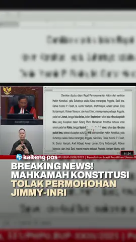 Breaking News! Mahkamah Konstitusi (MK) telah memutuskan sengketa Pemungutan Suara Ulang (PSU) Pilkada Kabupaten Barito Utara, Rabu 17 September 2025. Majelis hakim Mahkamah Konstitusi RI Suhartoyo menyatakan bahwa permohonan pemohon pasangan calon Bupati Barito Utara H. Jimmy Carter dan Inriaty Karawaheni (Jimmy-Inri) tidak dapat diterima. #mahkamahkonstitusi #pilkadabatara #baritoutara