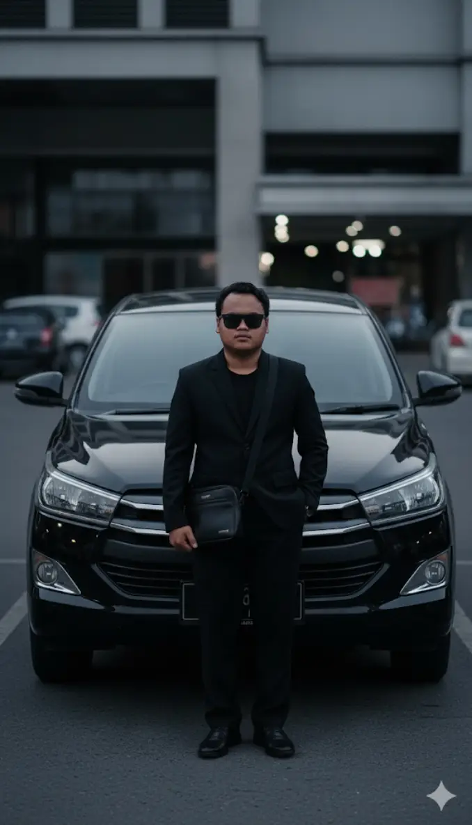 prompt :Buat foto pria (wajah tidak di ubah dengan diskripsi foto yang sama) ini sedang berdiri santay di depan mobil Innova reborn warna hitam.ia menggunakan outfit serba hitam (blazer,celana panjang, berkacamata dan memegang tas kecil), dengan gaya santay dan misterius #ia #gemini #foryou #fyp