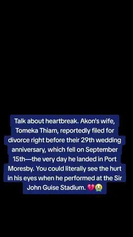 The final, heartbreaking chapter of their nearly three-decade marriage was written not in a quiet living room, but on the other side of the world, in the unforgiving glare of a public stage. While Akon was flying to Papua New Guinea to perform for the country's 50th Independence celebrations, his wife, Tomeka Thiam, was back home, filing the divorce papers. ​The documents, citing 