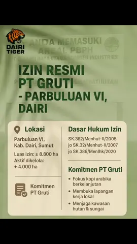 Izin Lahan PT Gruti di Parbuluan VI Capai Ribuan Hektare, KLHK Tegaskan Prinsip Berkelanjutan Dairi Tiger – Kementerian Lingkungan Hidup dan Kehutanan (KLHK) menegaskan izin pemanfaatan lahan PT Gruti di wilayah Parbuluan VI, Kecamatan Parbuluan, Kabupaten Dairi mencakup ribuan hektare. Berdasarkan keputusan perizinan, luas areal konsesi yang mencakup kawasan Parbuluan VI mencapai sekitar 8.800 hektare, meski dalam perkembangannya sebagian telah dikuasai masyarakat, sehingga tersisa sekitar ± 4.000 hektare yang kini dikelola perusahaan. Izin tersebut menempatkan PT Gruti sebagai salah satu pemegang konsesi hutan produksi di Dairi yang diarahkan untuk pengembangan komoditas kopi arabika unggulan. Sesuai ketentuan KLHK, perusahaan diwajibkan menerapkan tata kelola berbasis konservasi, termasuk menjaga tegakan pohon di sekitar aliran sungai serta memastikan keterlibatan masyarakat sekitar dalam program pemberdayaan. Pihak PT Gruti menegaskan komitmennya untuk mengelola lahan secara bertanggung jawab. “Kami memfokuskan pengembangan kopi arabika di Parbuluan VI dengan target ribuan hektare. Selain menjaga kelestarian lingkungan, kami juga berkomitmen meningkatkan kesejahteraan masyarakat melalui penyerapan tenaga kerja dan kemitraan,” ujar perwakilan manajemen. Pemerintah daerah menyambut baik langkah tersebut dengan catatan perusahaan benar-benar menjalankan tanggung jawab sosial dan lingkungan. “Harapan kami, kehadiran PT Gruti tidak hanya mendongkrak ekonomi, tetapi juga memperkuat Dairi sebagai salah satu sentra kopi nasional,” ungkap pejabat daerah. KLHK menegaskan akan memperketat pengawasan terhadap pelaksanaan izin, sekaligus mewajibkan PT Gruti melaporkan perkembangan pengelolaan lahan secara berkala. Dengan pengawasan tersebut, pemerintah berharap tidak ada lagi konflik tapak antara perusahaan dan masyarakat. Hingga kini, PT Gruti telah memulai program pembibitan dan penanaman kopi di Parbuluan VI, dengan proyeksi pengembangan bertahap dari sisa lahan konsesi yang masih dikuasai. (KR/RED) #ptgrutilestariutama #perdata #pidana #demoanarkis #ptgruti 