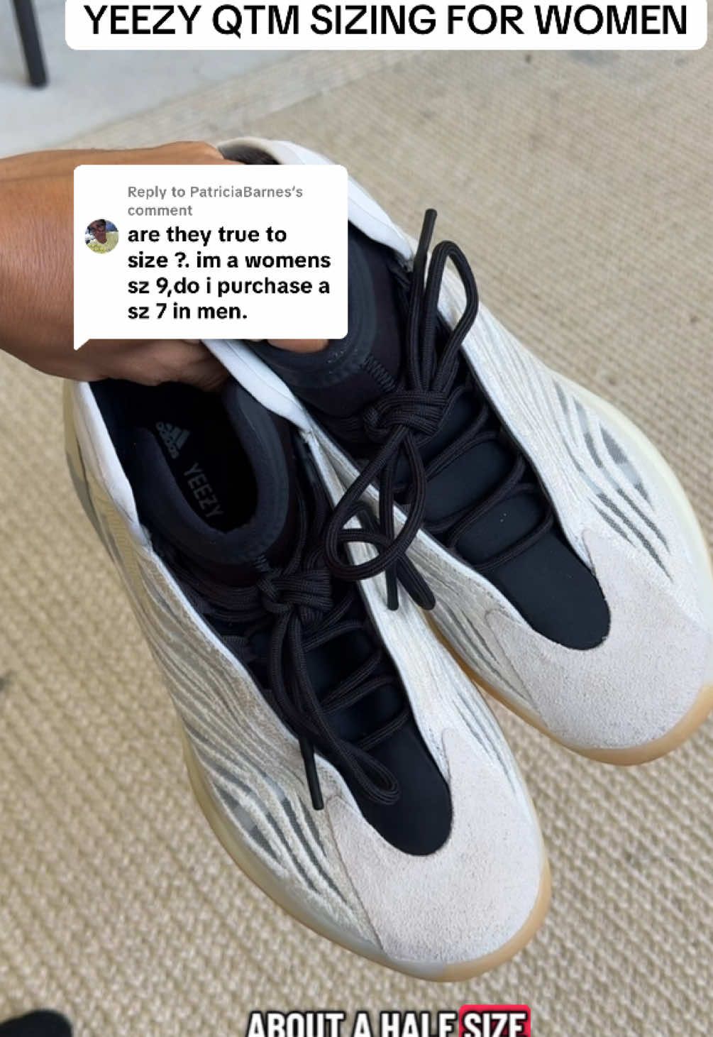 Replying to @PatriciaBarnes Yeezy Qntm sneakers have a narrow fit so definitely go half size up #yeezy #sneakers #sizing #yeezyboost #tiktokshoprestock 