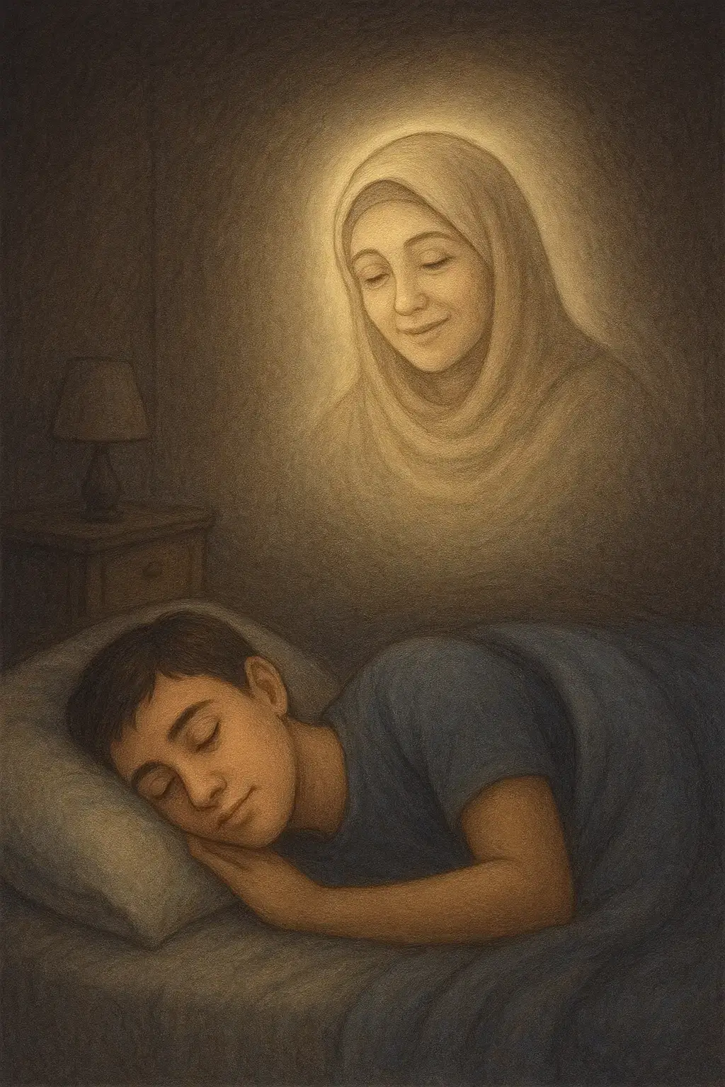 ينتظر الليل ليحل، يحمل قلبه المشتاق إلى حلم يراه فيه. ينتظر أن تعود إليه أمّه في المنام، تبتسم له وتملأ قلبه بالحنان والدفء. كل لحظة انتظار هي ألم الفقد، وكل حلم بها هو لحظة لقاء مع روحها التي لم تفارقه، فتزداد أشواقه ويظل قلبه أسير حبها الأبدي.