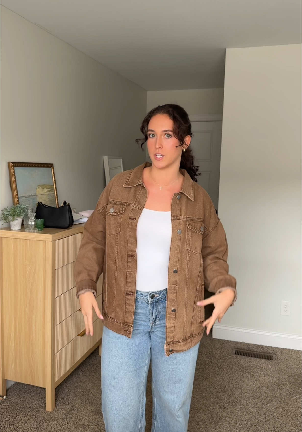 Trying to style my brown denim jacket from tiktokshop for a cute fall outfit! #jacket #denimjacket #falloutfits #fallfashion #fashiontiktok #falldealsforyou 