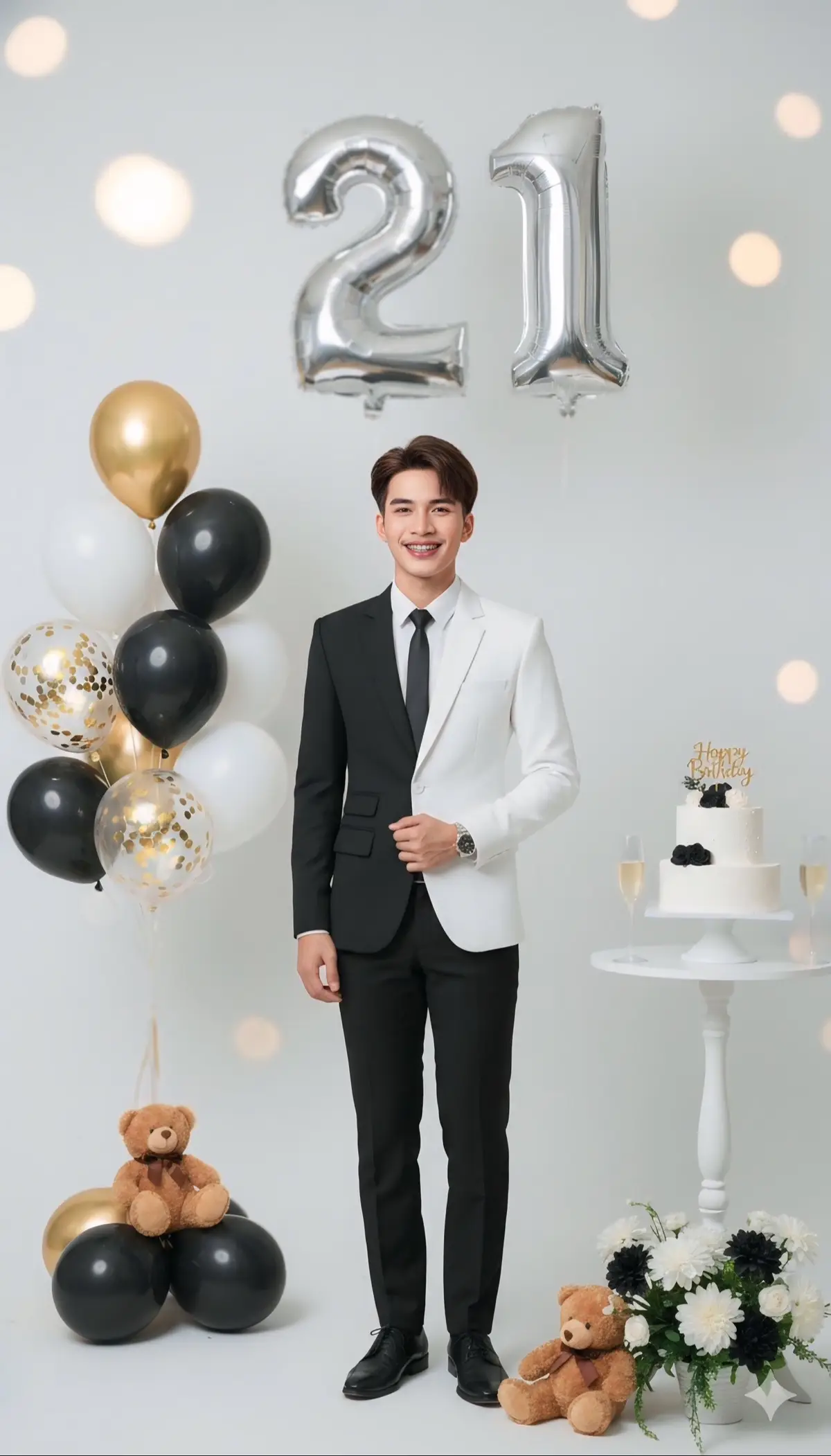 Make this photo look like a birthday photo shoot in a studio. Decorate the background with white with lightroom. 21, Add a balloon Place birthday cake/ balloons/flower decorations/toys and wine glasses. Dress the young boy in a long black &white suit and tie and style pants, apply smart style,beautiful makeup. ⏰#gemini #ai #happybirthday #ฟิดดดシ 