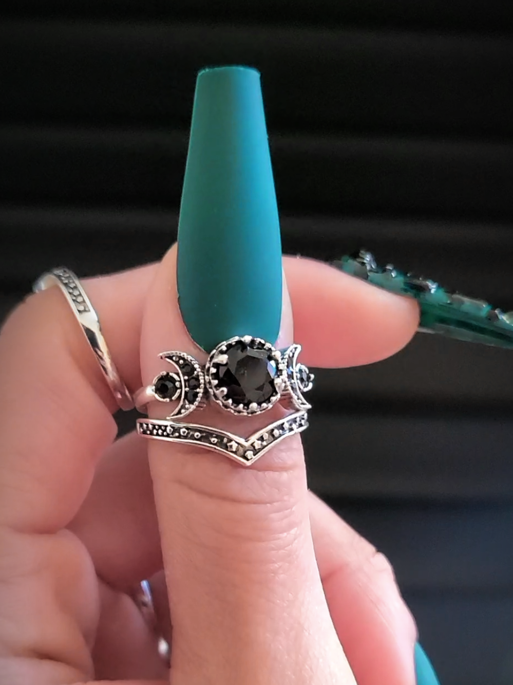 Celestial Black Crystal Moon Ring Stack  * IT'S IN OUR TIKTOK SHOP! Jewelry Rings Whimsigoth Cottagecore Dark Fantasy Alternative Goth Ethereal Witchy Aesthetic engagement ring set women stars fairycore 