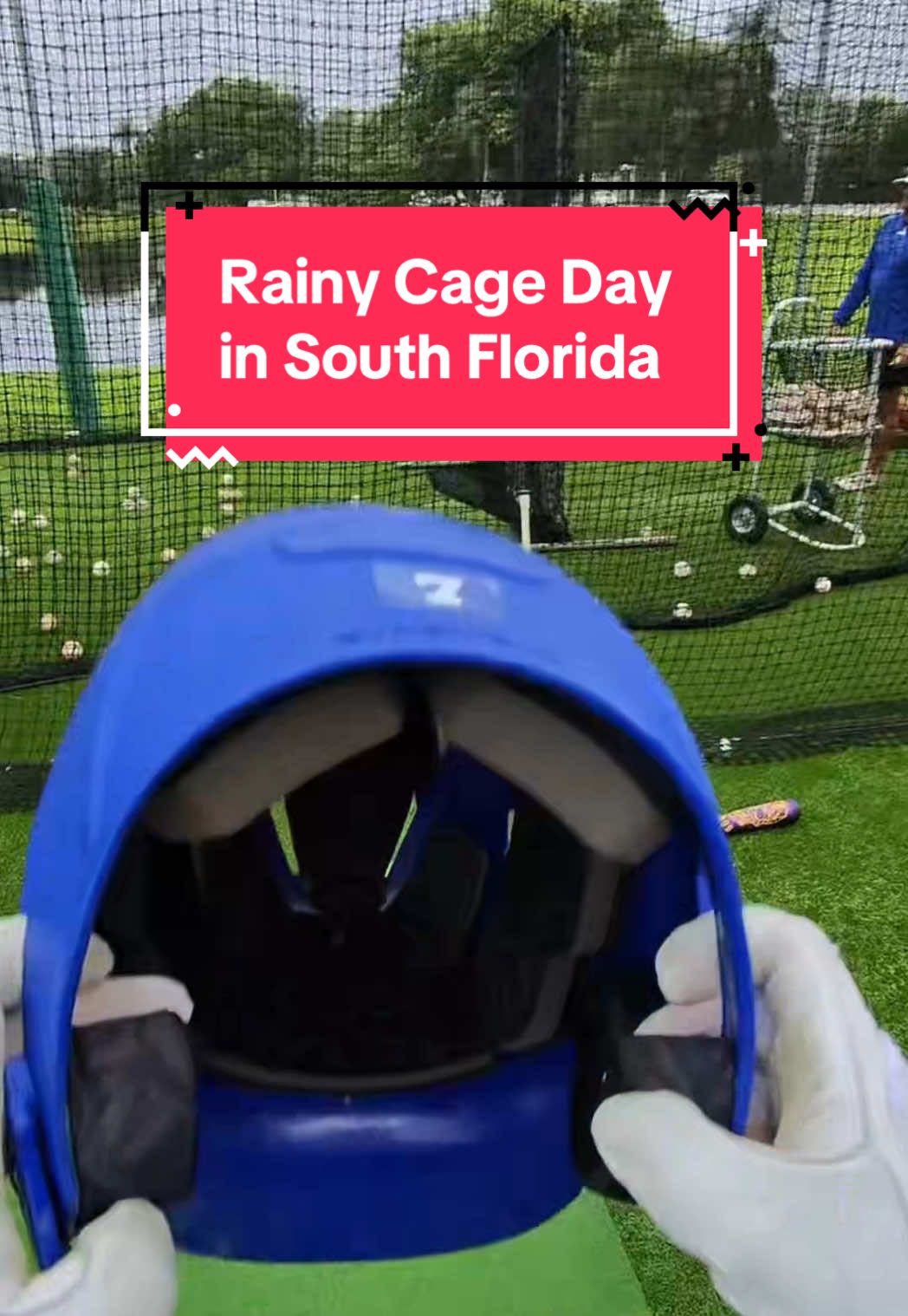 Pov: Rainy Cage Day at Lynn University in Boca Raton, Florida⚾️🌴⛈️ Really trying to work on using more hands/less body to stay through the ball and limit over rotation. No stride drills showing good results too. #d2 #college #baseball #hitting #raybanmeta 